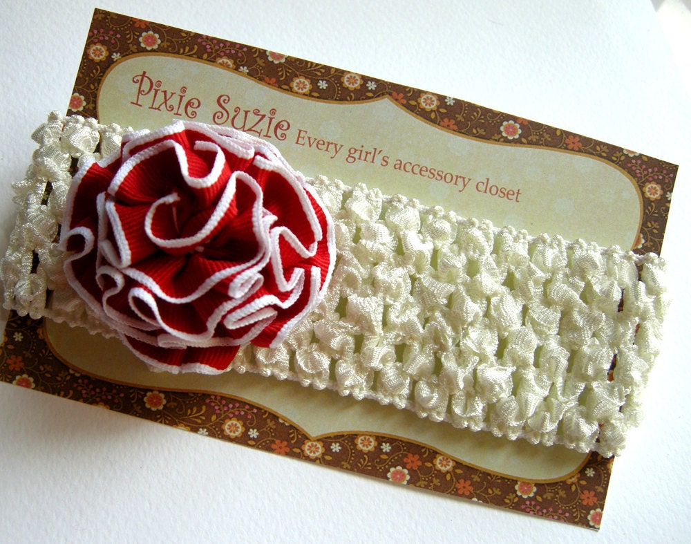 Jamie - Pretty red ruffled blossom on cream tone crochet headband