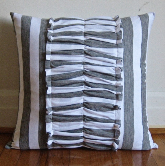 Heather Gray and White Striped Pillow Cover with Ruching ON SALE 50% OFF