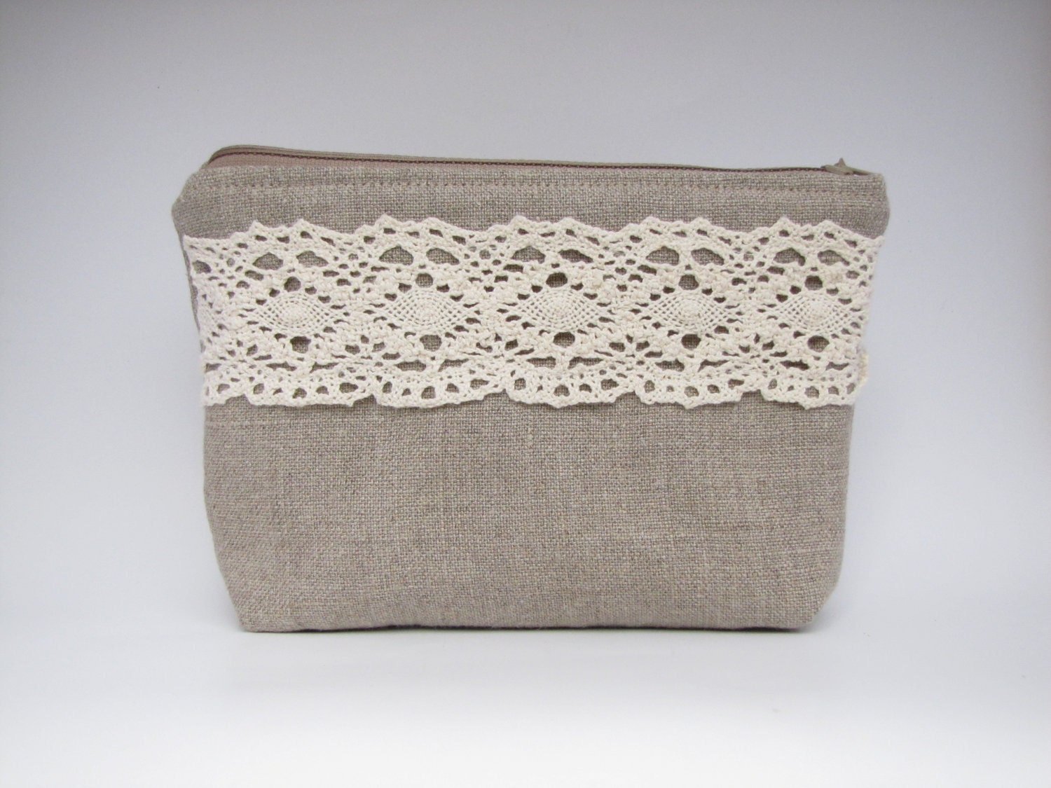 Linen and lace cosmetic bag, zipper pouch, make-up pouch, small clutch