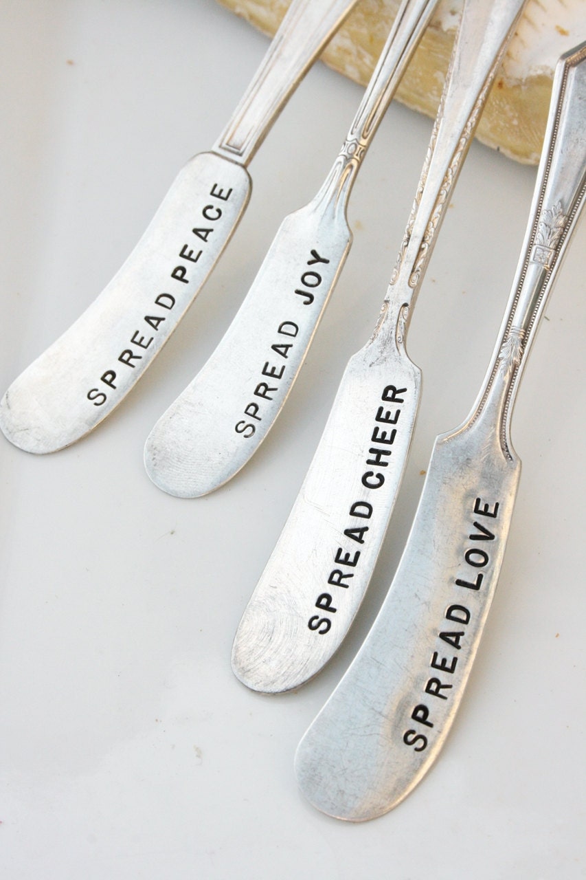 Vintage hand stamped cheese or jam spreaders spread love joy peace cheer recycled silver plated flatware silverware