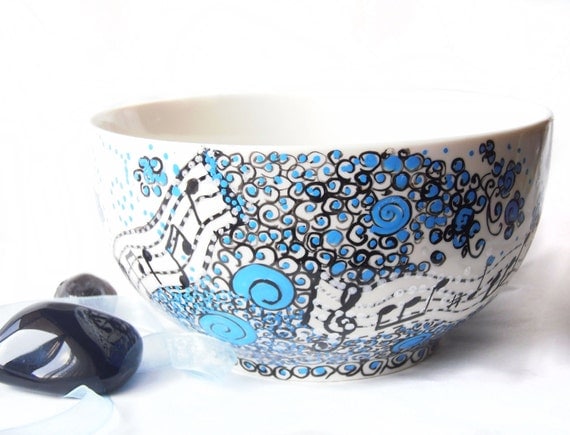 Hand painted bowl porcelain Soul music hand painted breakfast, soup bowl in blue white and black