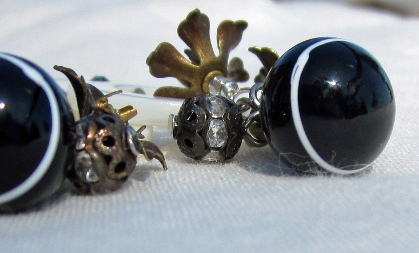 Vintage Buttons and Crystal Earrings - Black and White - Peppermint Patty