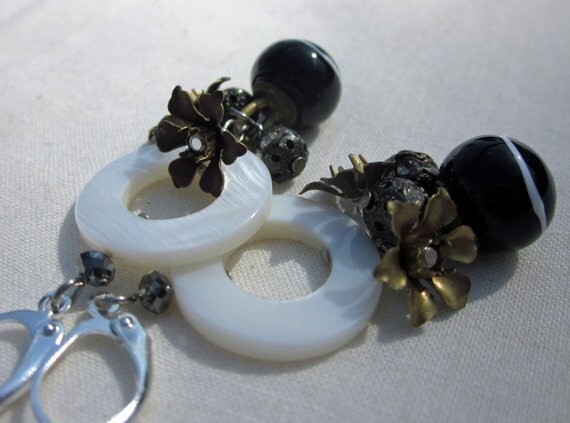 Vintage Buttons and Crystal Earrings - Black and White - Peppermint Patty