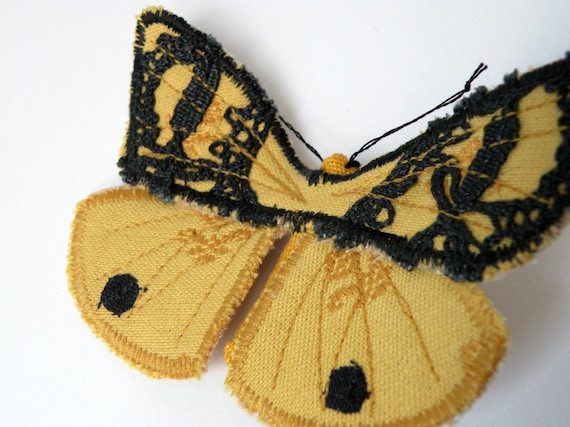 Handmade Black and Yellow Fabric Butterfly/Moth Brooch with Antique Lace