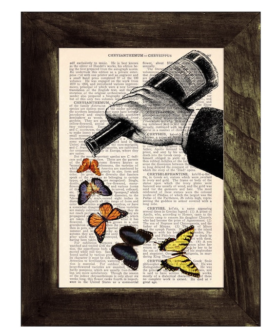 Book page art print - Butterflies and Wine bottle collage - Upcycled dictionary book print