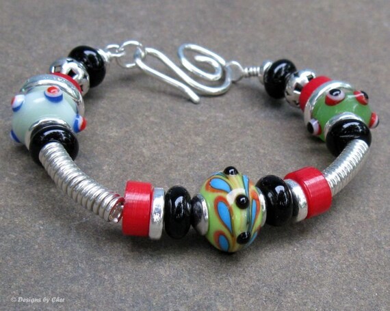 Sterling Silver Lampwork Bangle, Wirework Artisan Bracelet