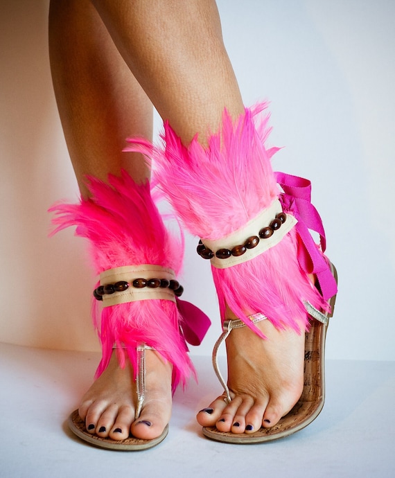 WARRIOR Beaded Neon Pink Feather Ankle Cuffs