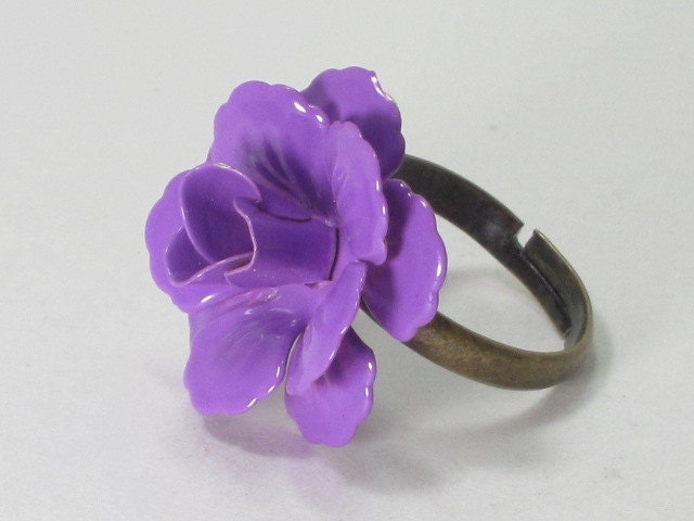 Vintage Inspired Iron Flower Ring on Brass Adjustable Band - PURPLE ROSE