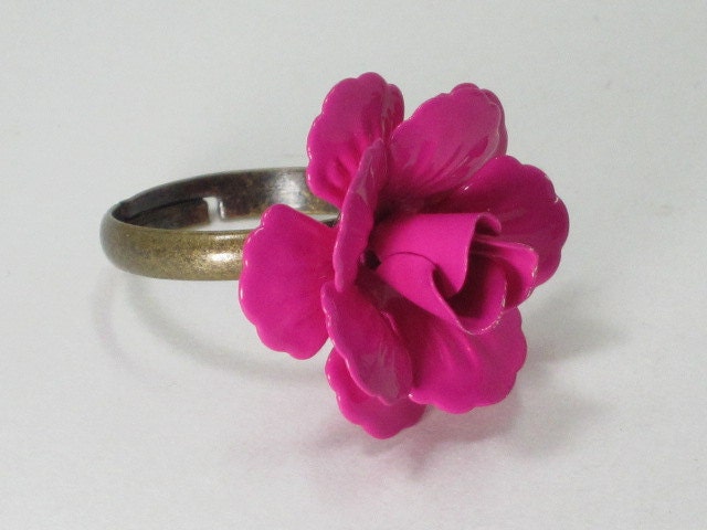 Vintage Inspired Iron Flower Ring on Brass Adjustable Band - PINK ROSE