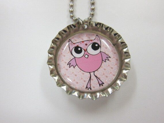 Bottle Cap Necklace on Ball Chain - Pink Owl