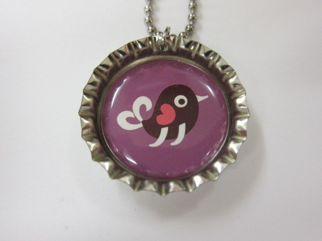 Bottlecap Necklace - Sweet Bird on Purple