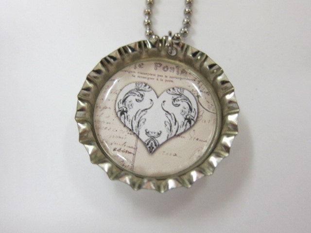 Bottlecap Necklace - Heart on Text Print