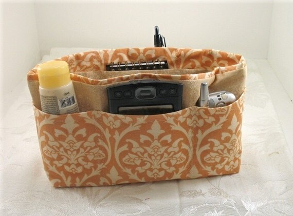 Purse Organizer Insert- Peach and Beige Damask Print- Medium- See listing for zipper pouch to match