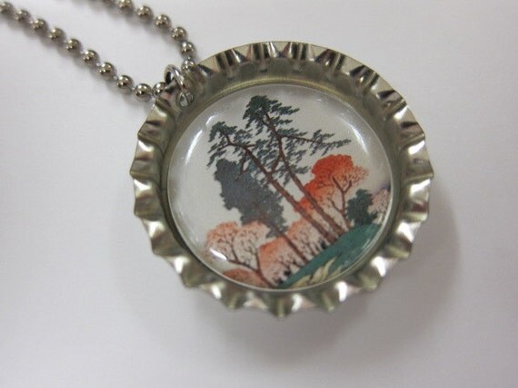Bottlecap Necklace - Japanese Woodblock Print