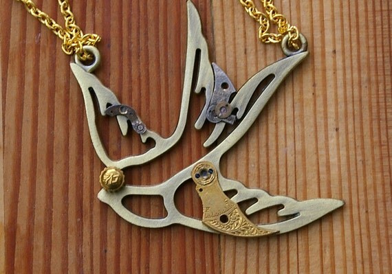 Steampunk Swallow Pocket Watch Part Pendant - RESERVED for Diane