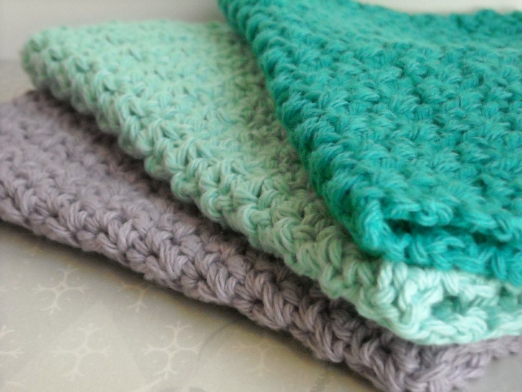 Washcloths Face Cloths Crochet Cotton Teal, Aqua, Lilac Purple Spa Color Collection Set of 3