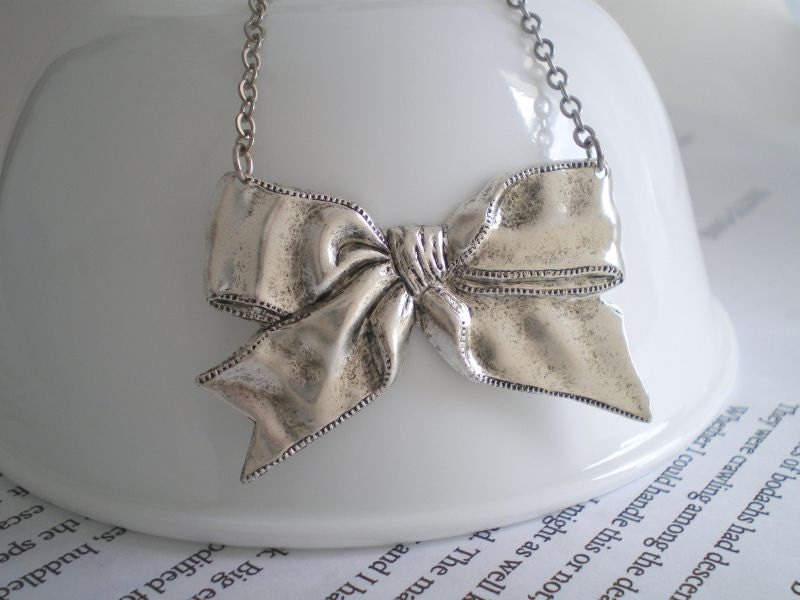 Big bow necklace, statement piece, antique silver