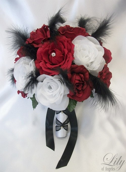 17 Piece Package Bridal Bouquet RED BLACK feathers Flower Wedding Decoration