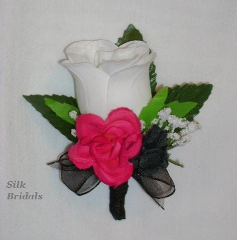 Fuchsia White Black Silk BOUTONNIERE Groom Wedding Flowers From SilkBridals
