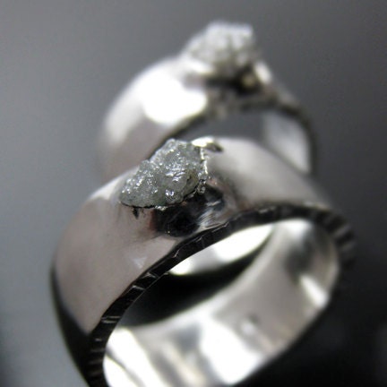 Rough Diamond Palladium Sterling Wedding Ring Set