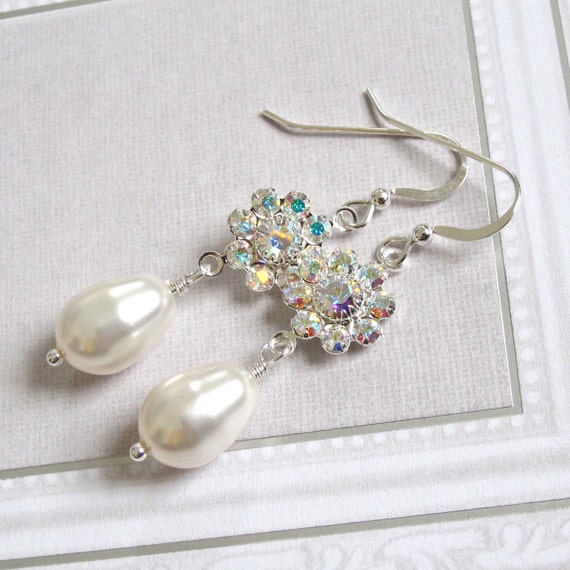Swarovski crystal rhinestone flower pearl drop bridal earrings