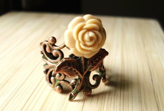 Rose Ring -- Ivory Flower on Patina Copper Filigree -- Secret Garden