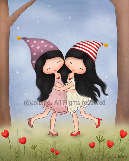 Twin sisters kids wall art print , children room decor nature colorful nursery art , open edition , kids housewares