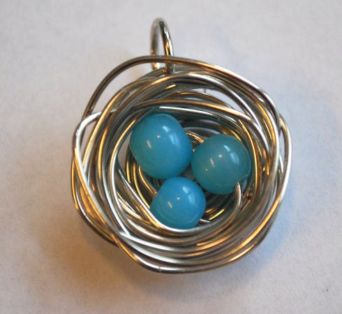 Bird's Nest Pendant with 3 Blue Eggs
