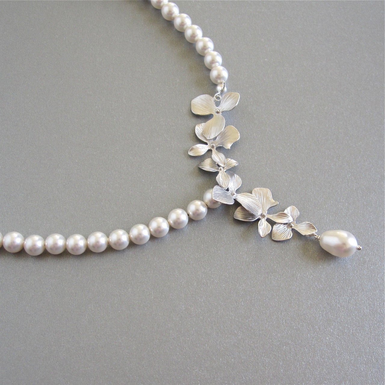 Cascading orchid pearl bridal necklace