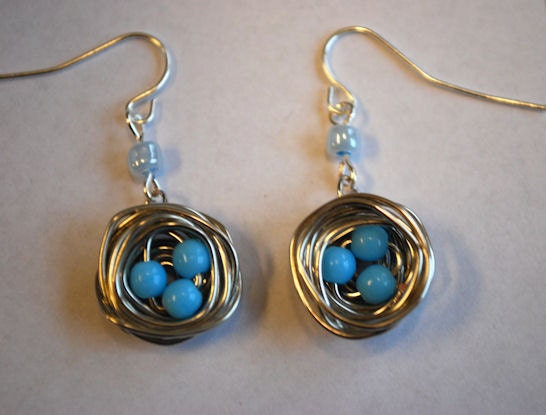 Miniature Bird's Nest Earrings with Blue Eggs