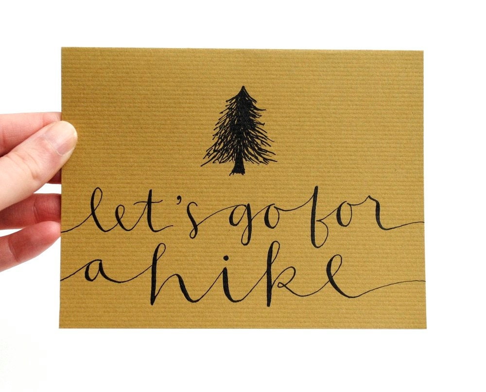 Greeting Card for Autumn . Let's Go For a Hike . Handwritten Calligraphy . Olive