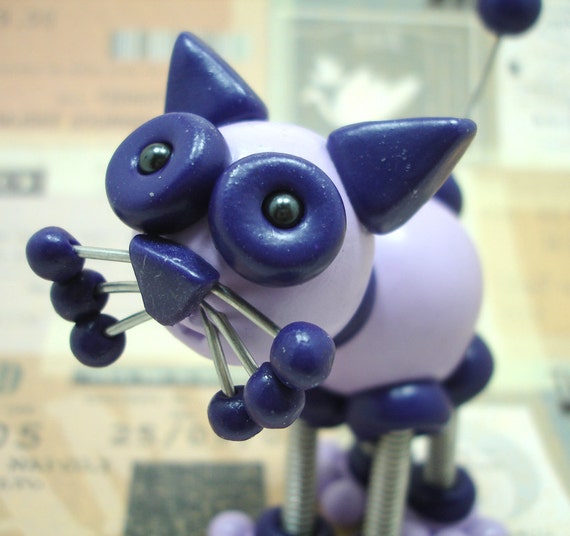 Robot Sculpture Purple Poppy Mini Cat  - Polymer Clay, Wire, Paint