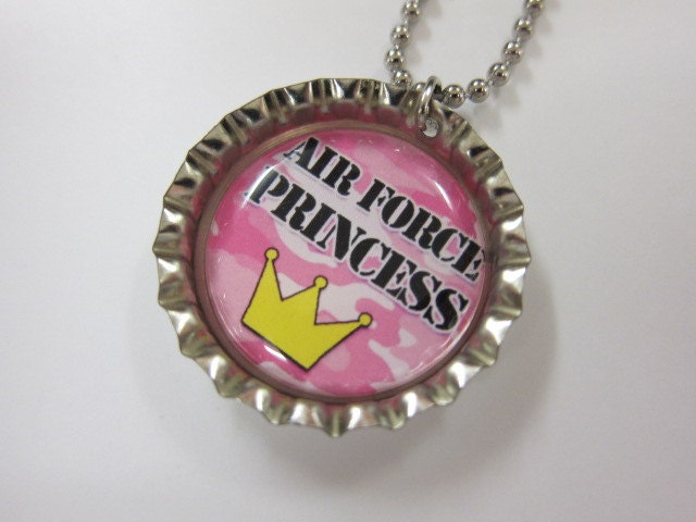 Bottlecap Necklace - Air Force Princess - Pink Camouflage With Crown