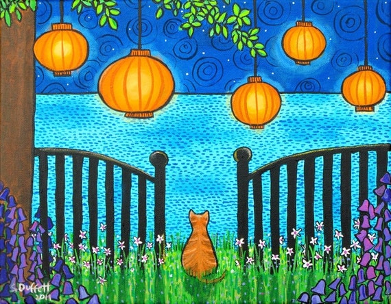 Summer Dreams, Orange Tabby ,Chinese Lanterns, Ocean, dreamy Giclee print