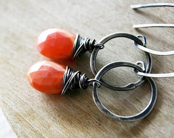 Magma Earrings Mexican Fire Opal on Oxidized Sterling and Fine Silver