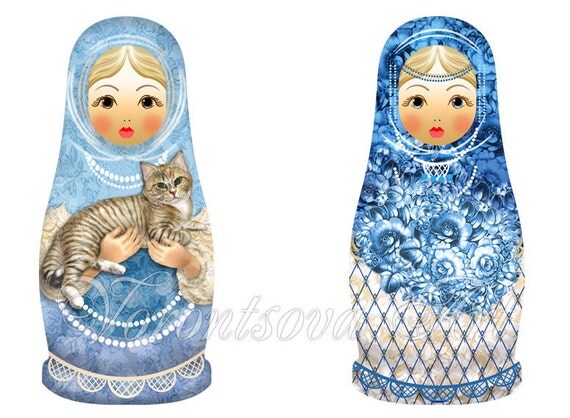 Matryoshka with cat Russian  - Babushka - matrioshka nesting dolls. Digital Collage Sheet. Printable Imade ATC ACEO. 008