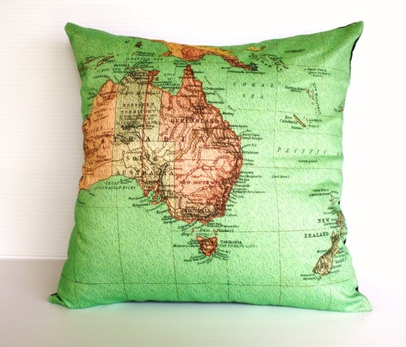 AUSTRALIA , organic cotton Vintage map of Australasia, map cushion, pillow, cushion cover, 16 inch