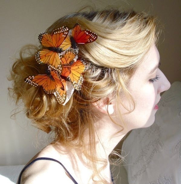 butterfly hair comb wedding - I'll FLY AWAY - flowers, orange monarch