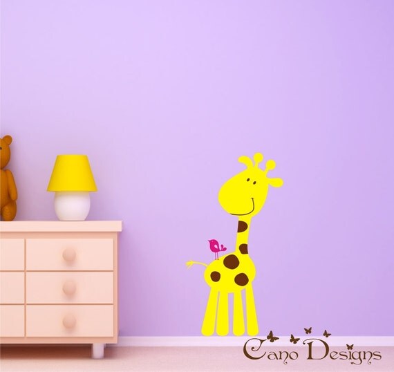 Cute Giraffe and bird Vinyl Wall Decal, Playroom, nursery, kids room, removable decals stickers