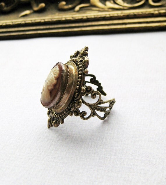 Authentic Antique Cameo Ring hand carved in ornate brass setting adjustable