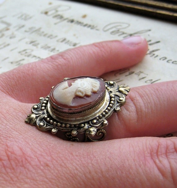 Authentic Antique Cameo Ring hand carved in ornate brass setting adjustable