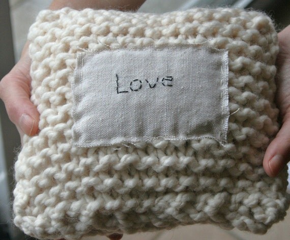 Handknit Pillow in cream with word LOVE.....home decor, shabby chic, french country, anniversary, gift