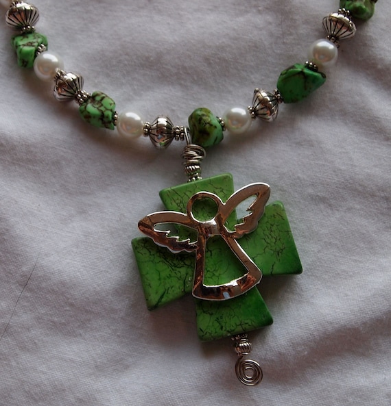 Green Magnesite Cross with Silver Angel Necklace