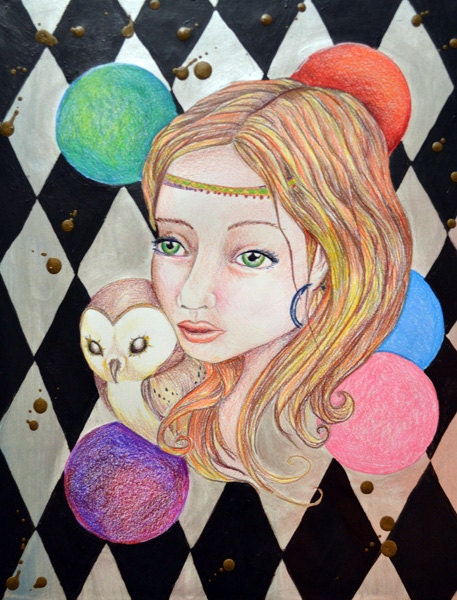 Athena of Ashbury bohemian abstract portrait painting with owl