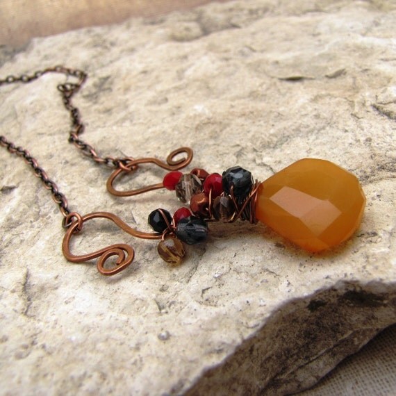 Hand Forged Copper Necklace with Yellow Chalcedony and Crystals "Butternut"