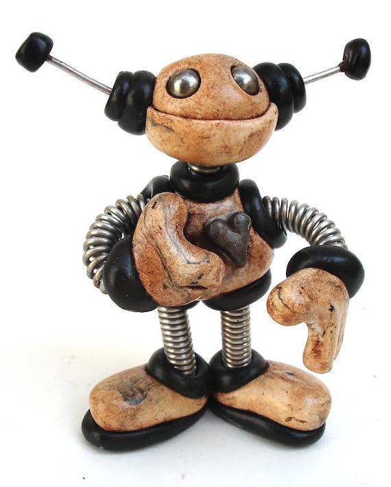 Gray Gil Grungy Bot Robot Sculpture - Clay, Wire, Paint