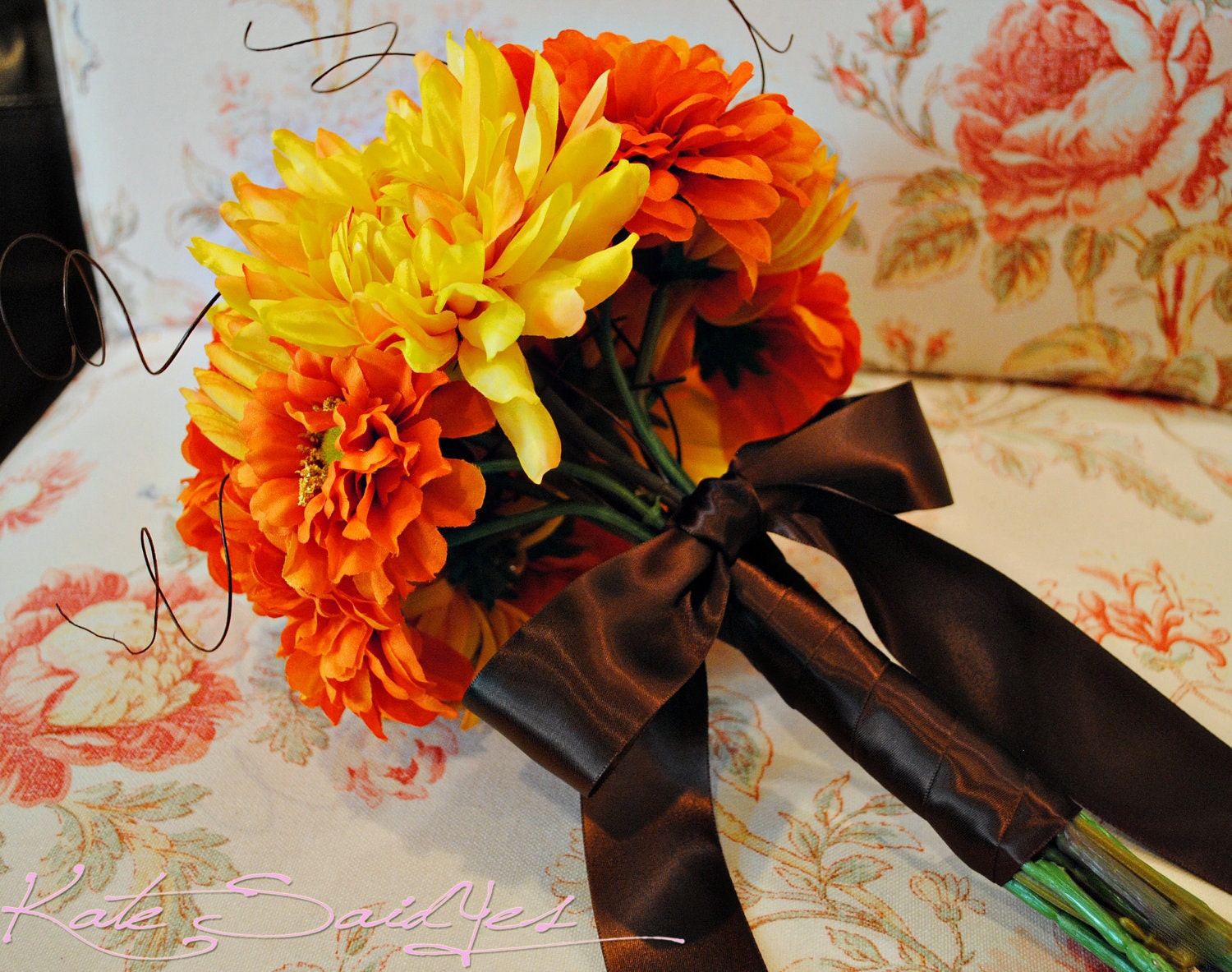 Silk Wedding Bouquet Orange and Yellow Zinnia Dahlia Mum Wedding Silk 