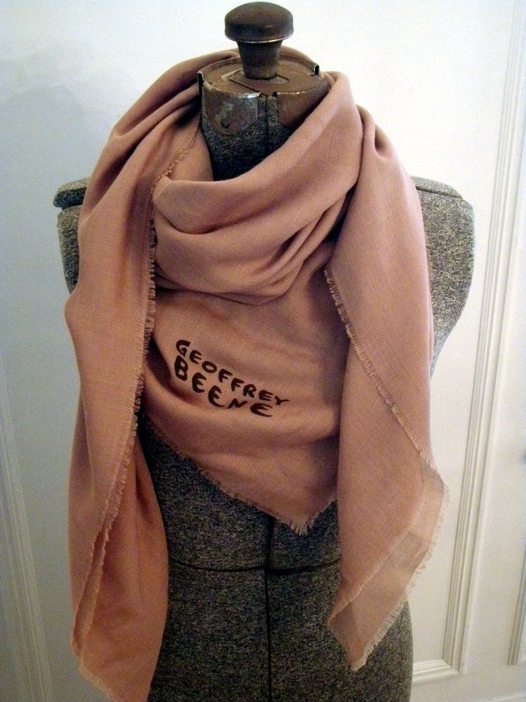 Vintage Huge Scarf Shawl by Geoffrey Beene in Classic Khaki with Chocolate Signature