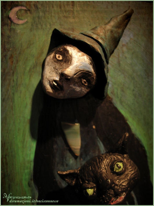 WITCH under the moon and the Black CAT- OOAK mixed media artwork sculpture painting -Windows on this world
