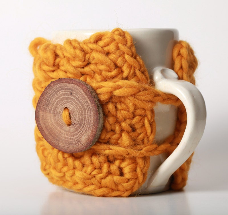 Mustard Gold Autumn Fall Squash Coffee Mug Cozy Travel Mug Sleeve with Gorgeous Wood Tree Branch Buttons
